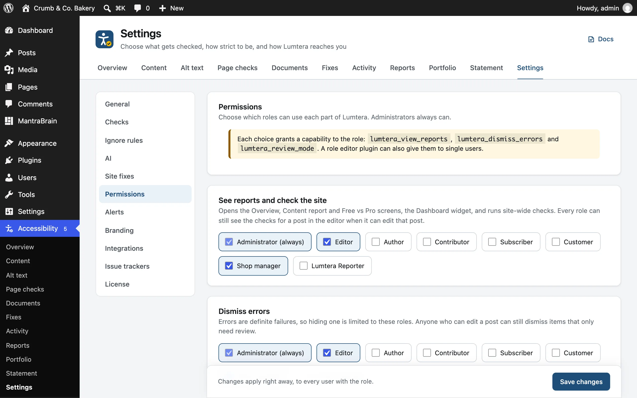 The Permissions settings, with roles ticked for each permission