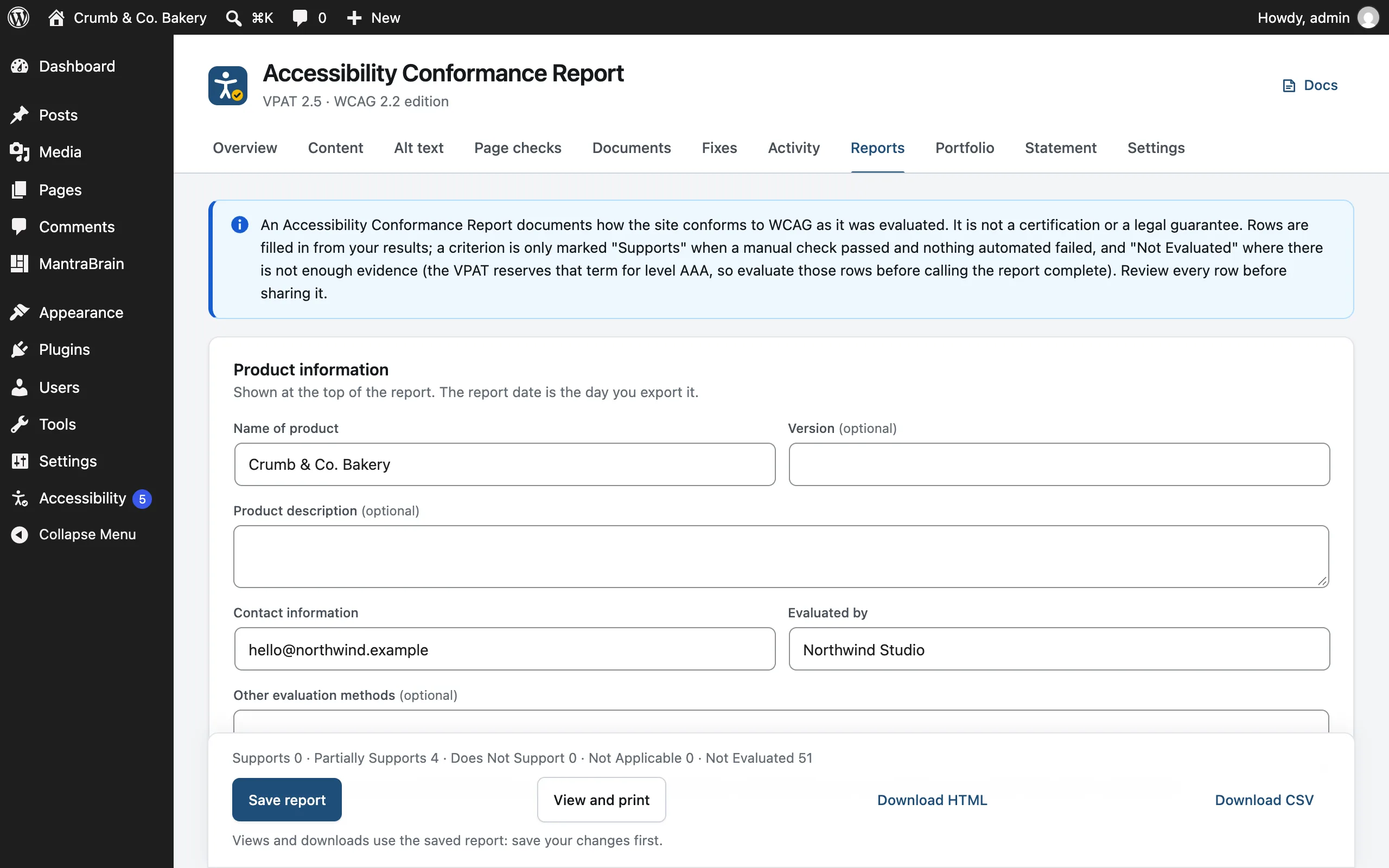The Accessibility Conformance Report screen, with product information and the save and export bar