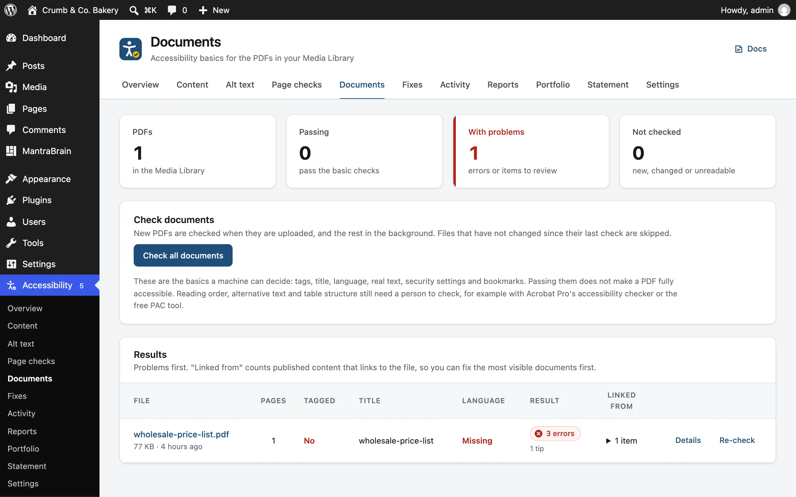 The Documents screen listing PDFs with their results