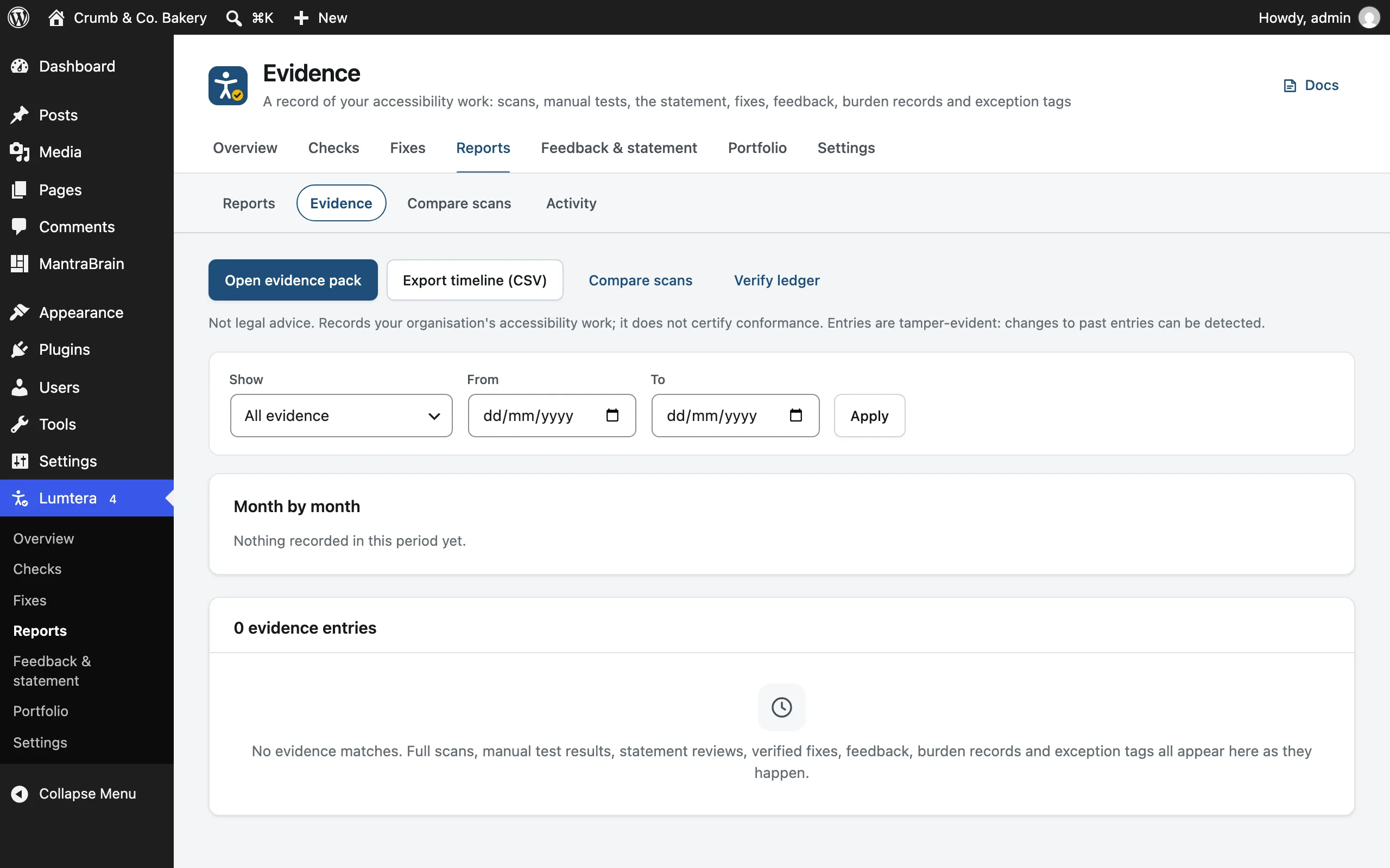The Evidence screen, with the evidence pack, CSV export and Verify ledger