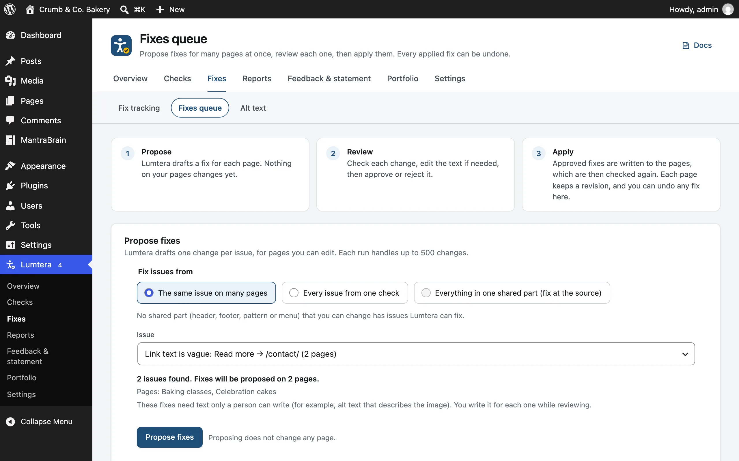 The Fixes queue: propose, review and apply, with the choice of which issues to fix