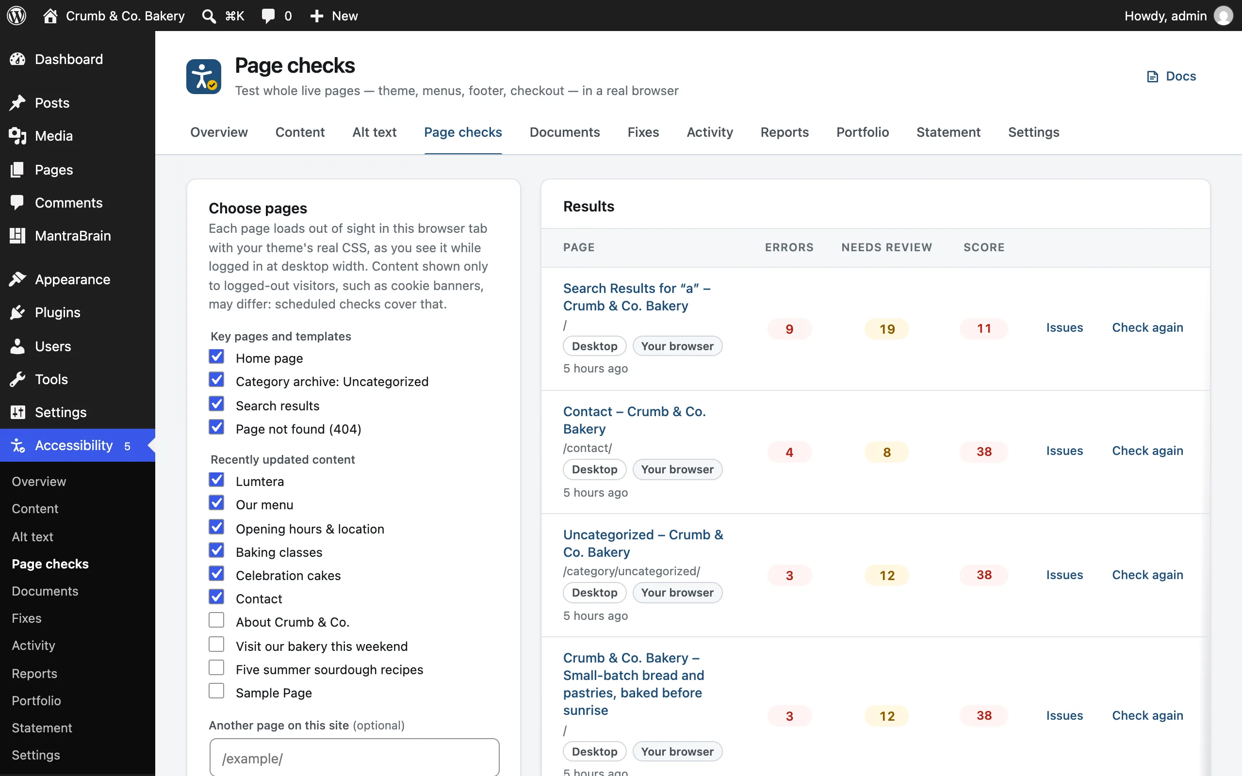 The Page checks screen with the results table