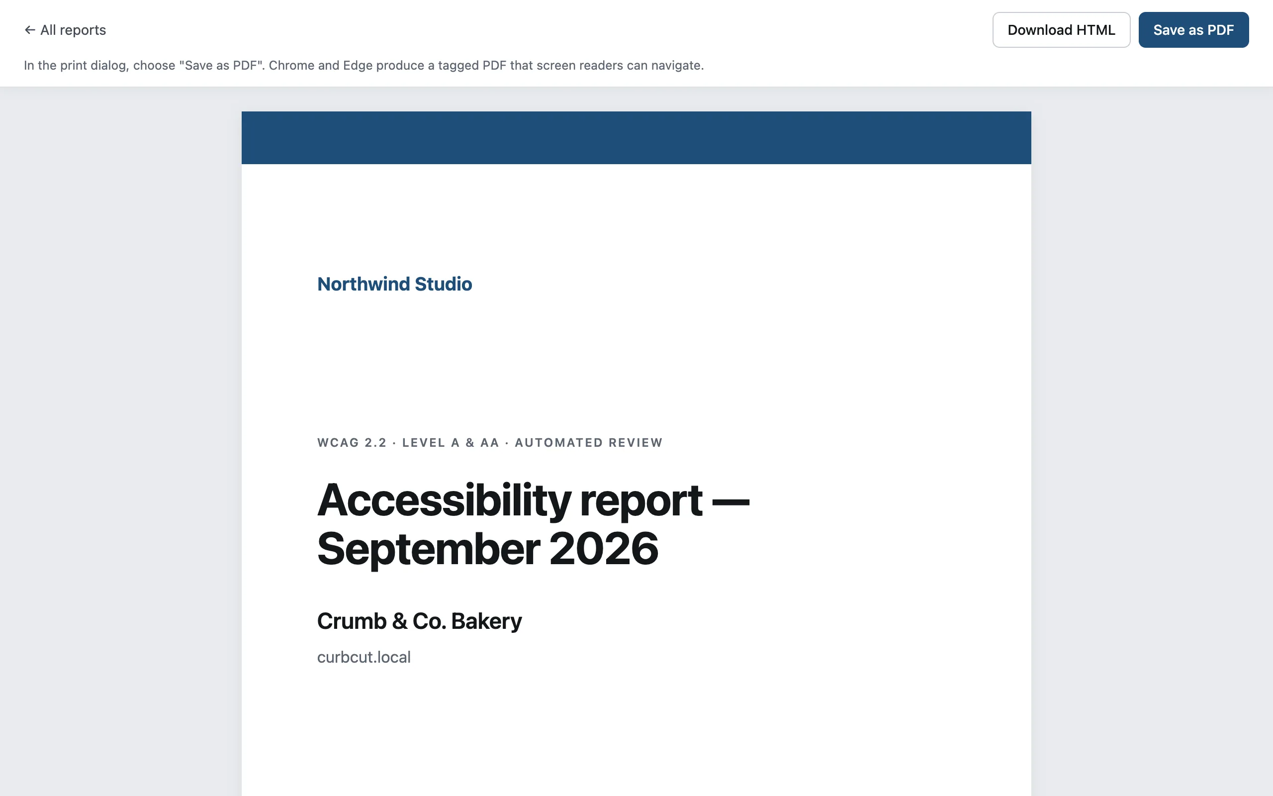 The cover of a client report, with the Download HTML and Save as PDF buttons