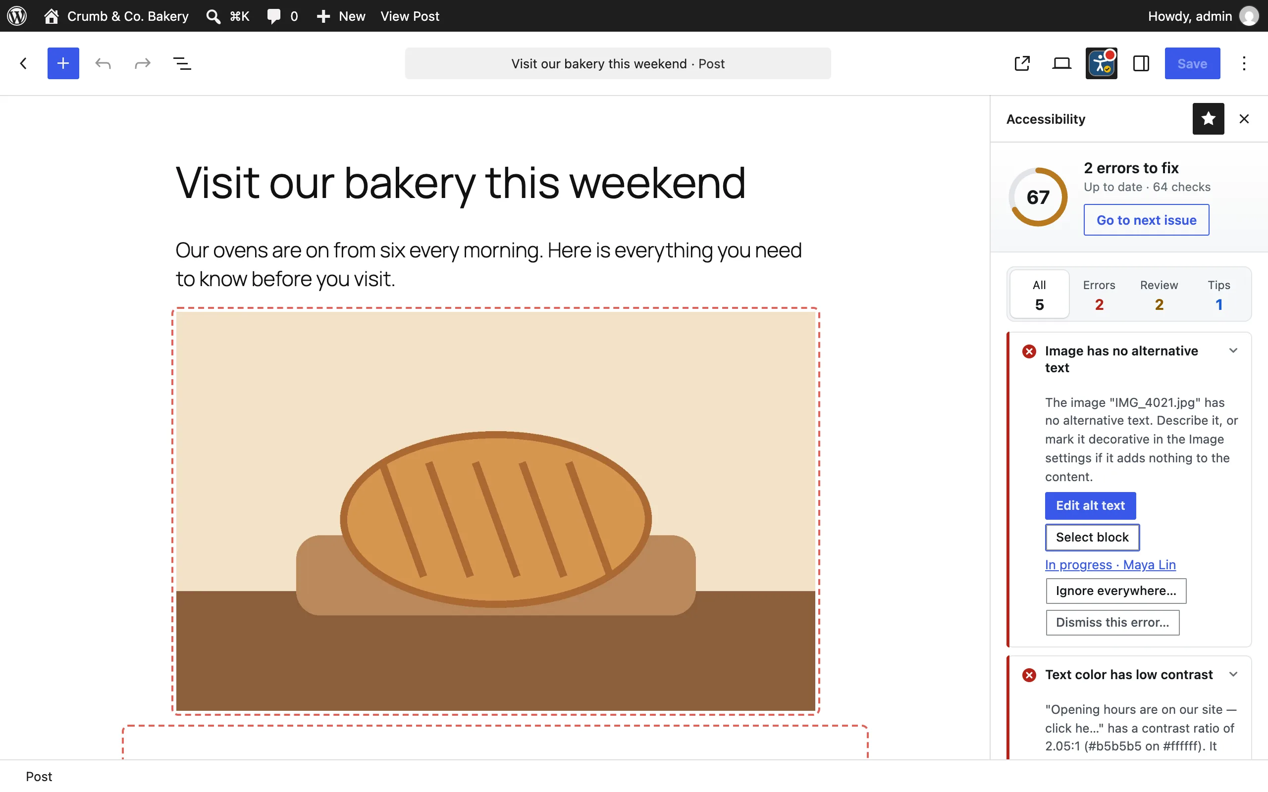 The Accessibility sidebar in the block editor